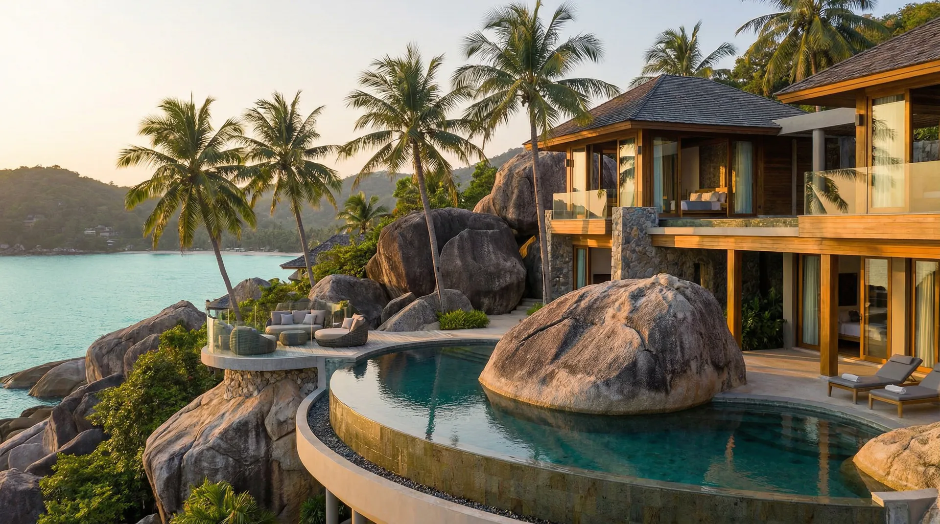 Koh Samui's Nature-Integrated Villa Luxury A luxury villa on Koh Samui showing its modern architecture blending with natural granite boulders and coconut trees around an infinity pool, capturing the island's unique charm.
