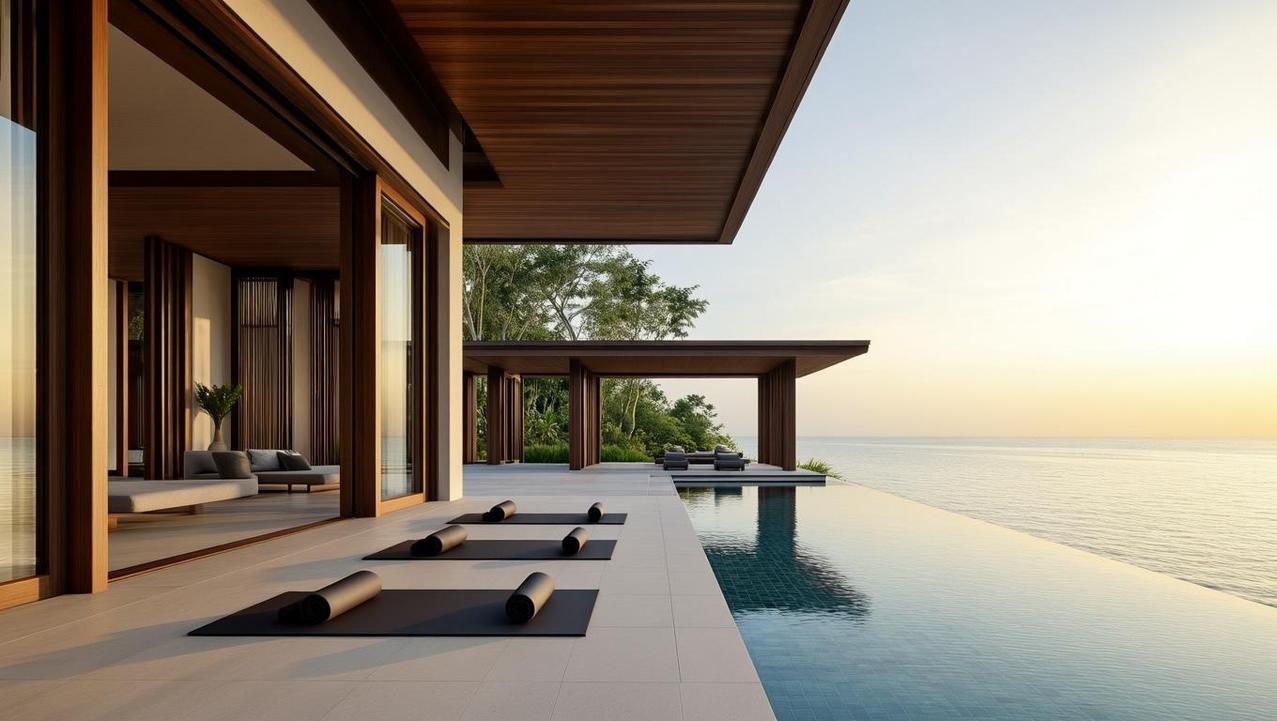 Koh Samui's Premier Villa Wellness Sanctuaries A stunning Koh Samui premier villa features an infinity pool overlooking the ocean at sunset, with yoga mats laid out on the patio, creating perfect wellness sanctuaries.