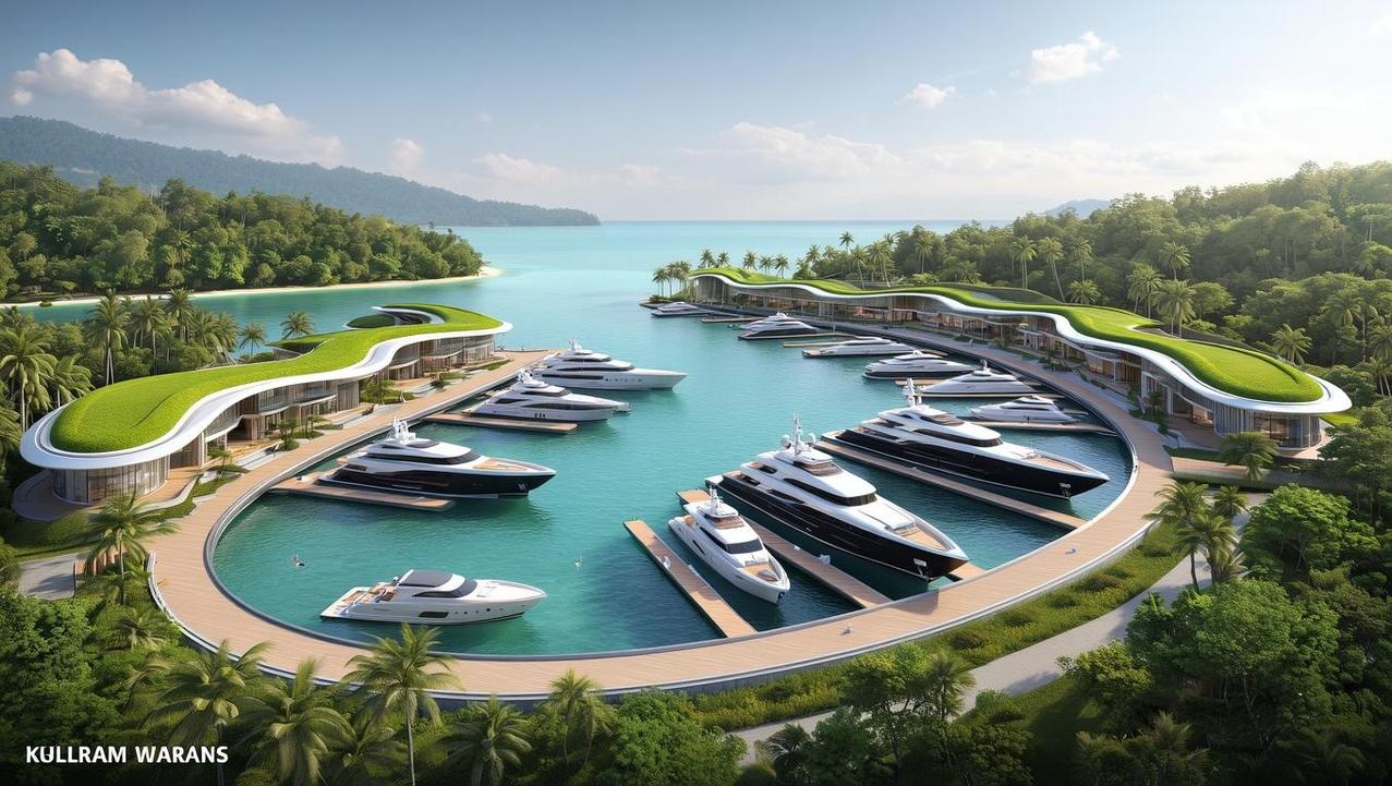 Koh Samui's Visionary Superyacht Marina Future An architectural rendering of the planned Laem Hin Khom superyacht marina in Koh Samui, showing modern facilities integrated with the natural tropical environment.