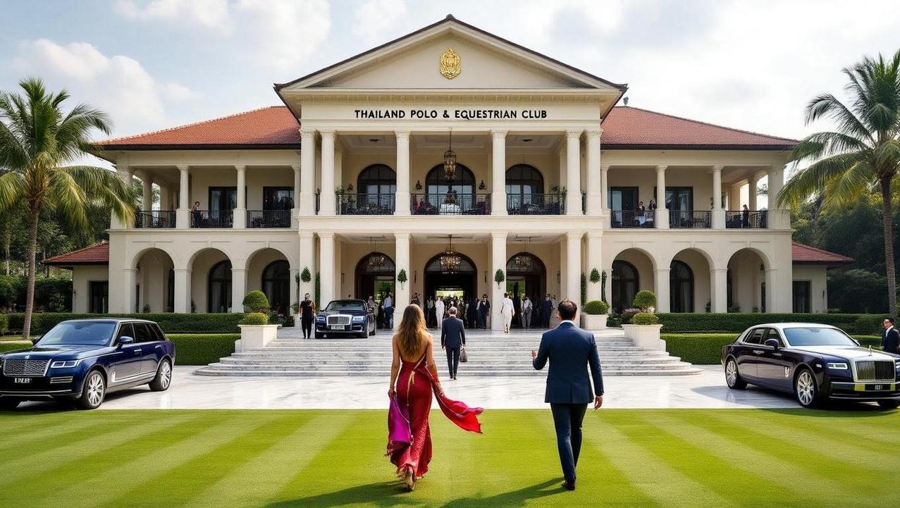 Learning the Sport of Kings in Thailand A man and woman walk across a vibrant green lawn towards the grand, columned entrance of the Thailand Polo & Equestrian Club, symbolizing the luxurious lifestyle associated with learning the sport of kings in Thailand.