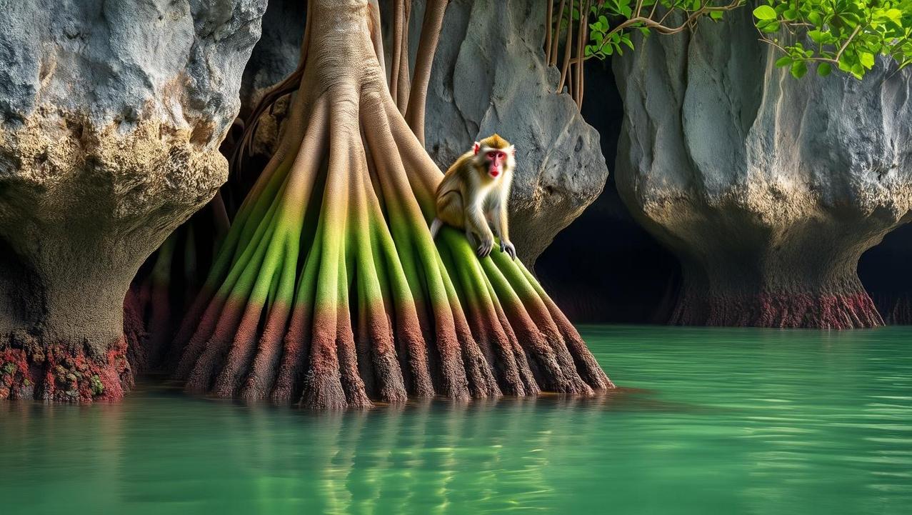 The Living Ecosystem of the Hongs A long-tailed macaque sits on the colorful, exposed roots of a banyan tree, part of the vibrant living-ecosystem-of-the-hongs, amidst the emerald waters and limestone karsts of a Thai bay.