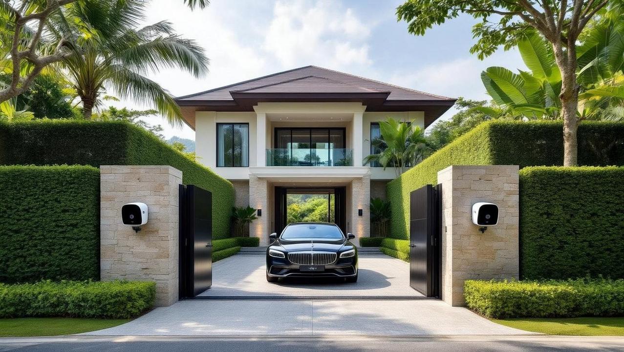 Lush Landscaping as a Natural Privacy Shield The entrance to a luxurious modern home, featuring a sleek black car in the driveway and lush landscaping as a natural privacy shield.