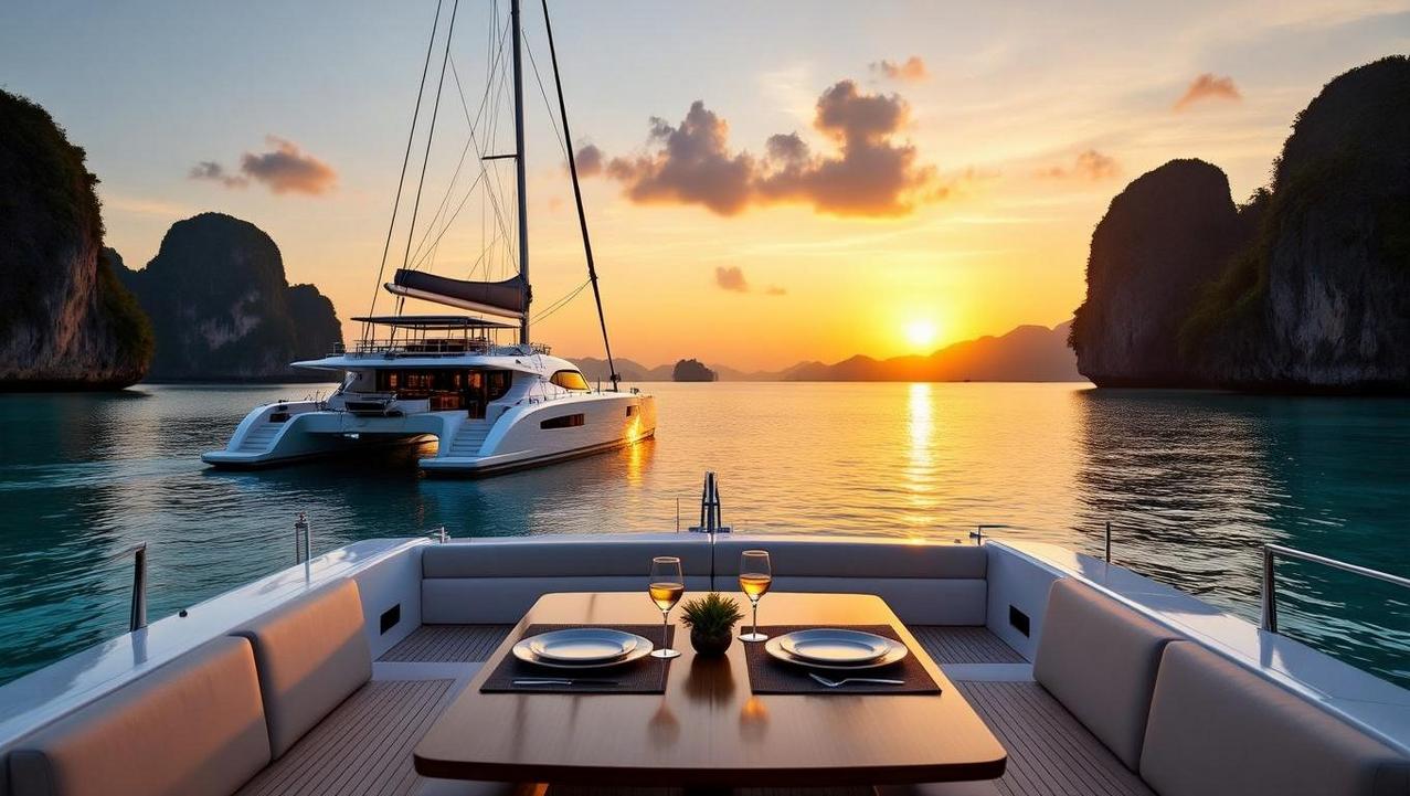 A private luxury catamaran anchored near limestone karsts in Phuket, set for gourmet dining, illustrating a bespoke sea cave expedition.