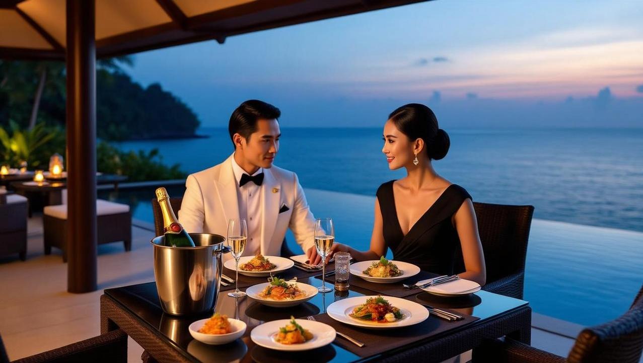 A sophisticated couple enjoying an exclusive fine dining experience at a luxury beachside resort, symbolizing the high-end lifestyle in Thailand.