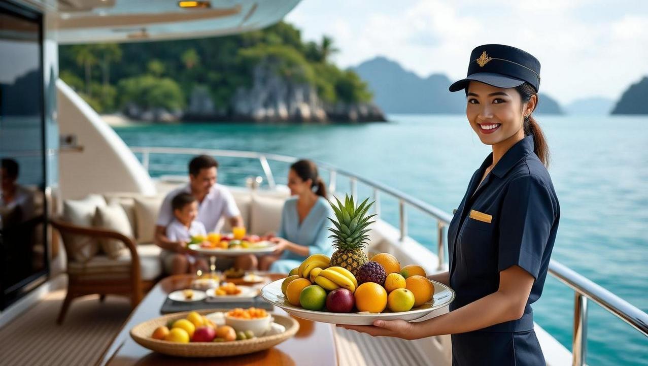 Luxury Private Charter Experience for Families A family enjoying gourmet fruit served by a crew member on a private luxury yacht in a secluded Koh Samui bay, illustrating the benefits of a private tour.
