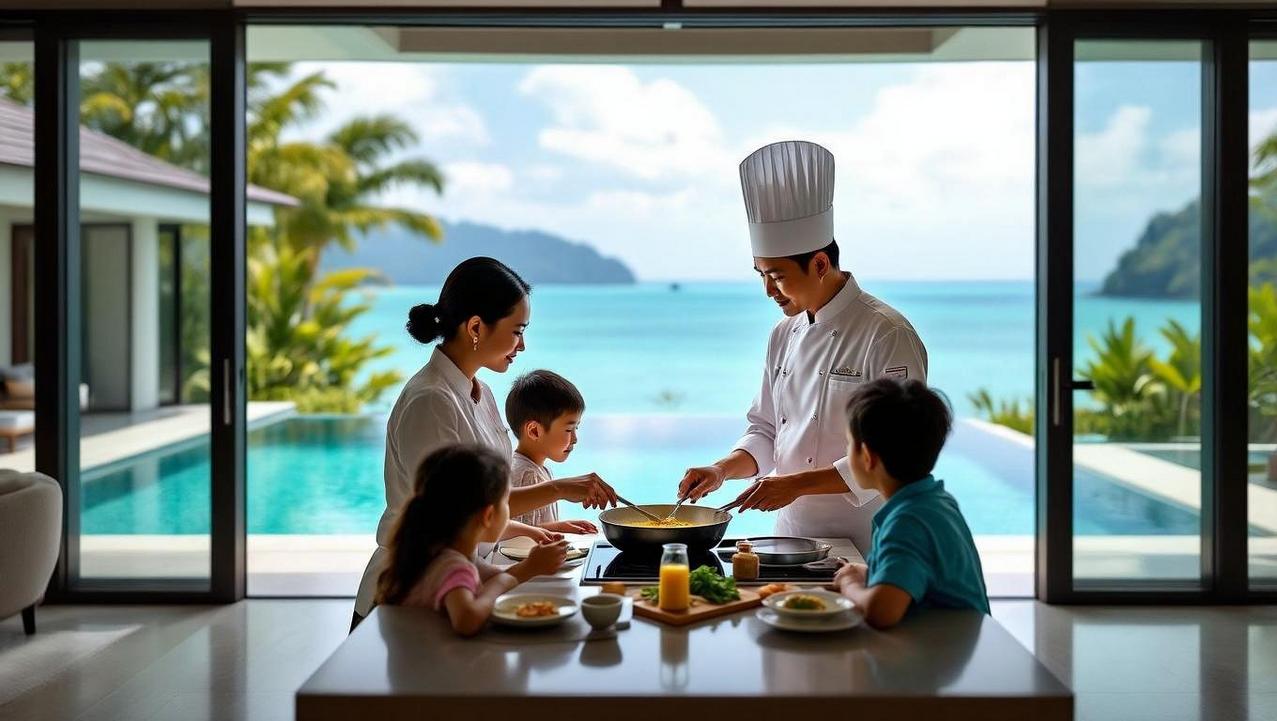 Luxury Private In-Villa Thai Cooking Class A family receiving a private cooking lesson from a Thai chef in the modern kitchen of a luxury villa with a stunning sea view, highlighting convenience and exclusivity.