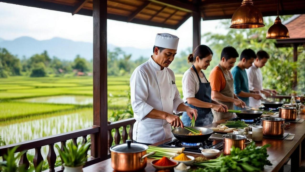 A group cooking at an outdoor kitchen of a luxury villa with a backdrop of green rice paddies, perfect for an adventure basecamp before sunrise.