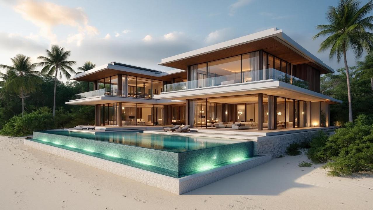 Luxury Villa in Koh Samui at Sunset A stunning luxury villa in Koh Samui with an illuminated infinity pool on a sandy beach, bathed in the soft light of a pre-sunset sky.
