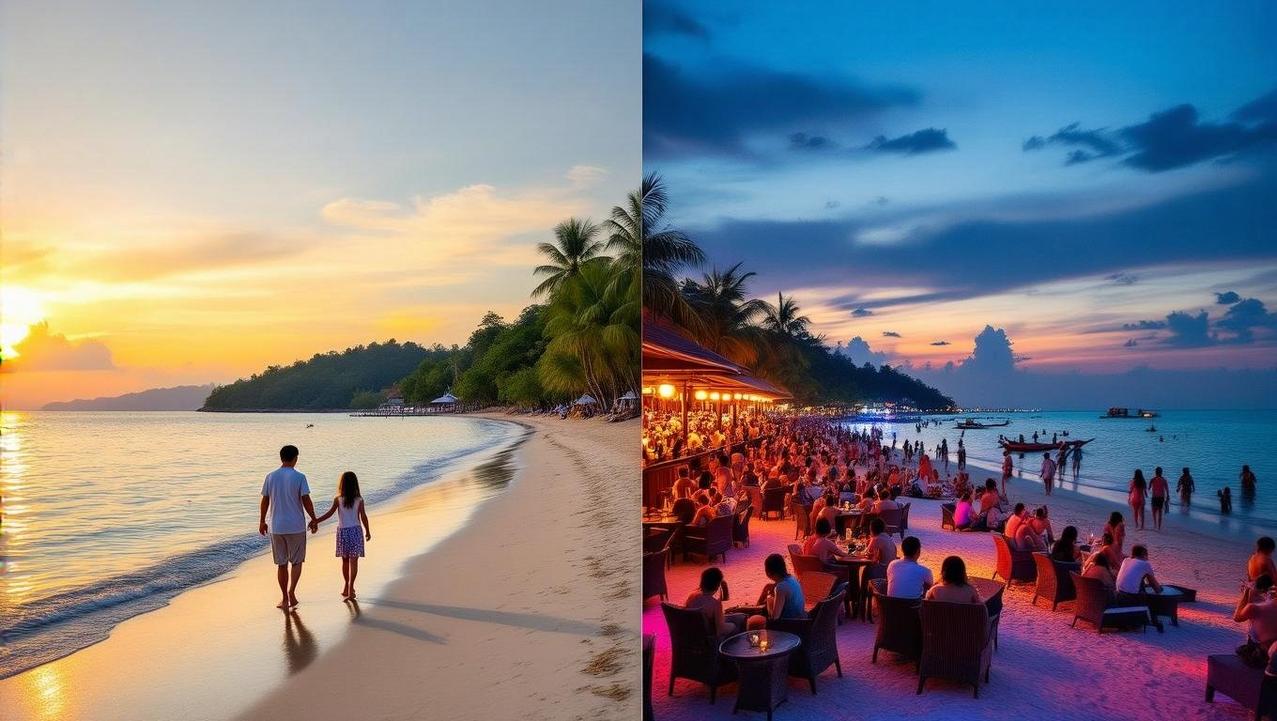 A split image comparing the peaceful family atmosphere of Maenam beach with the crowded nightlife of Chaweng beach.