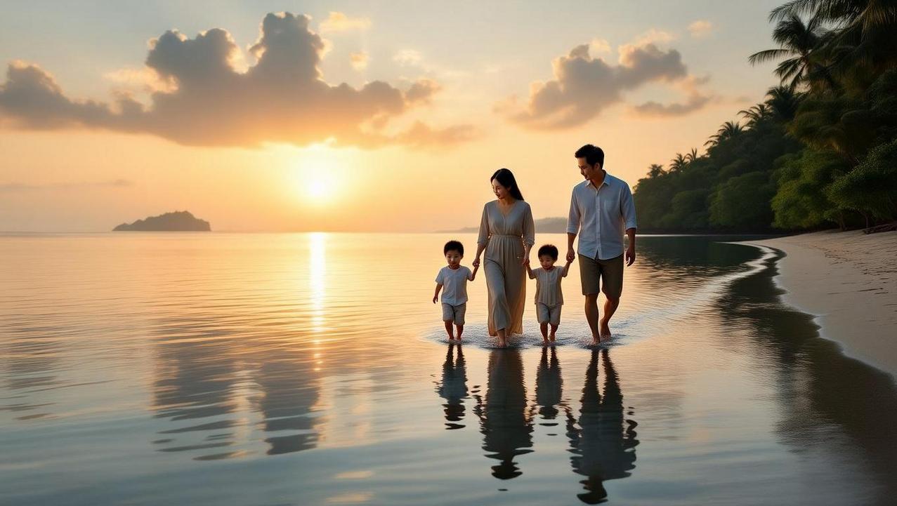 A family enjoys a peaceful morning walk on the calm, shallow beach of Maenam, Koh Samui, the ultimate family-friendly sanctuary.