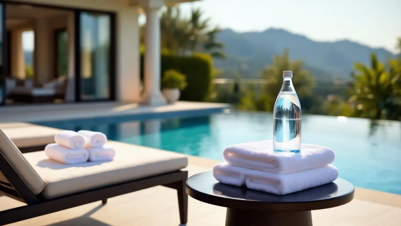 A fresh bottle of water and neatly folded towels on a table beside a luxury pool, epitomizing the magic of anticipatory villa service amidst a beautiful mountain backdrop.