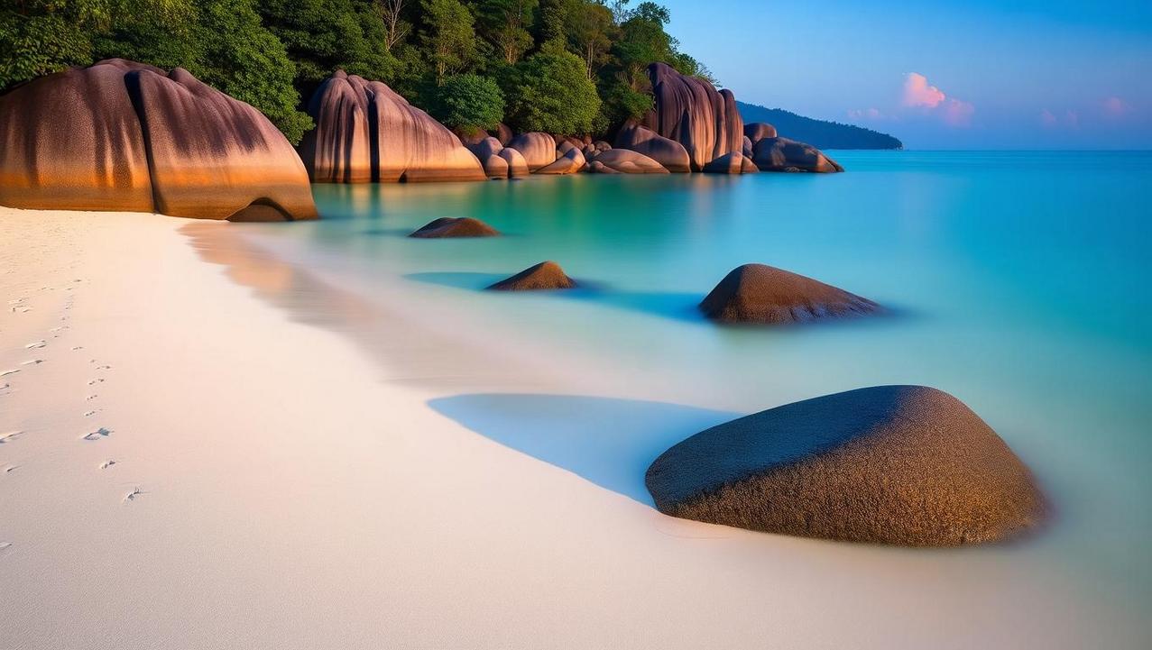 The famous granite boulders of Silver Beach on Koh Samui at dawn, with calm, translucent turquoise water and empty white sand creating a magical atmosphere.