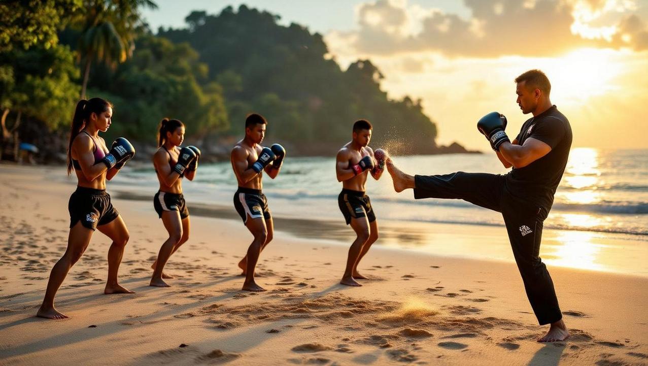 Measurable Results with High-Energy Phuket Fitness A group engaged in a high-energy fitness bootcamp on a Phuket beach, representing the island's focus on structured intensity and measurable results.