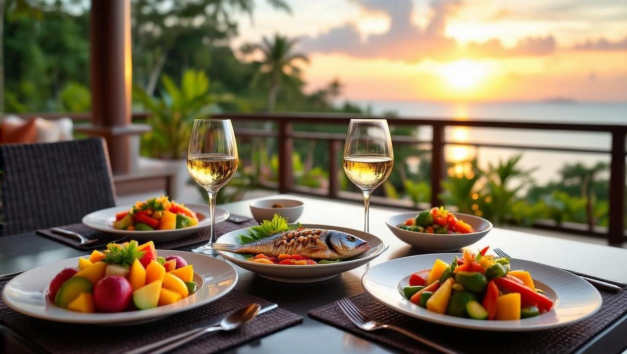 Mindful Sunset Dining with a Private Chef A vibrant, photorealistic close-up of a healthy, beautiful meal prepared by a private chef, served on a villa terrace in Koh Samui at sunset, illustrating mindful dining.