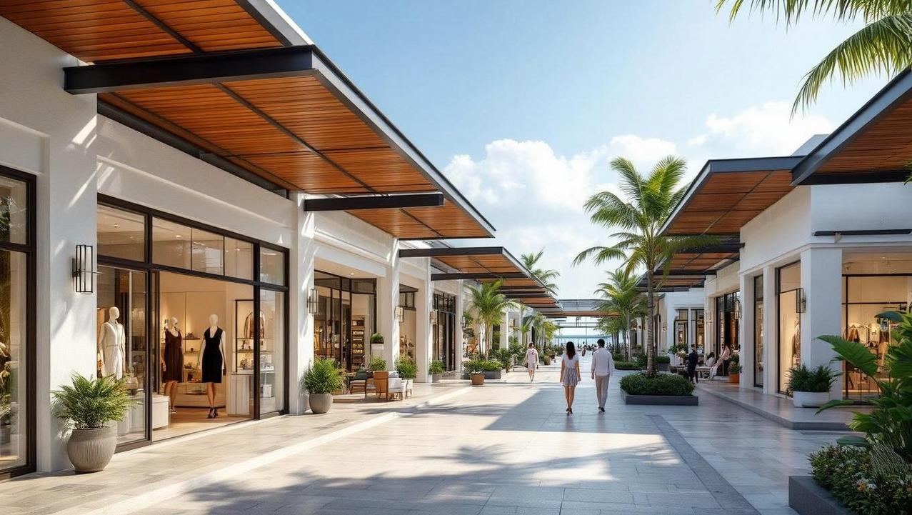 Modern Shopping at The Wharf, Bophut A view of a modern, well-designed, open-air shopping complex in Bophut, showing clean architecture and chic boutique storefronts.