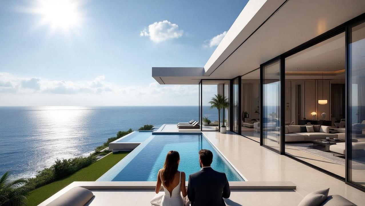 Modern Villa with Ocean Views in Chaweng Noi The interior of a sleek, modern luxury villa in Chaweng Noi, featuring an infinity pool with seamless access to a beautiful beach and ocean views.