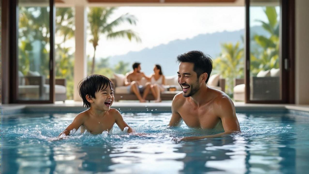 A family enjoying their spacious Kamala luxury villa, with children splashing in the pool while parents relax in the open-plan living area.