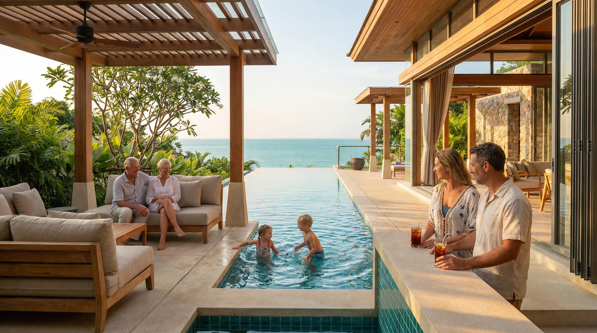 Multi-Generational Family Holiday in a Thai Villa A happy multi-generational family, including grandparents, parents, and children, relaxing together around the pool of a spacious luxury villa in Thailand.