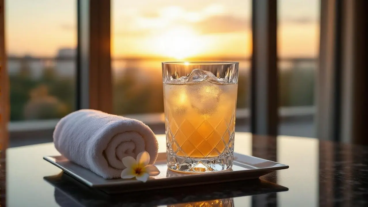 A refreshing drink and a rolled-up white towel with a plumeria flower on a tray, set against a vibrant sunset view, encapsulating a multi-sensory first impression of luxury travel.