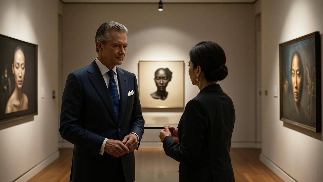 Navigating the Bangkok Contemporary Art Scene Two well-dressed individuals conversing in a gallery surrounded by captivating portraits, offering a glimpse into navigating the Bangkok contemporary art scene.