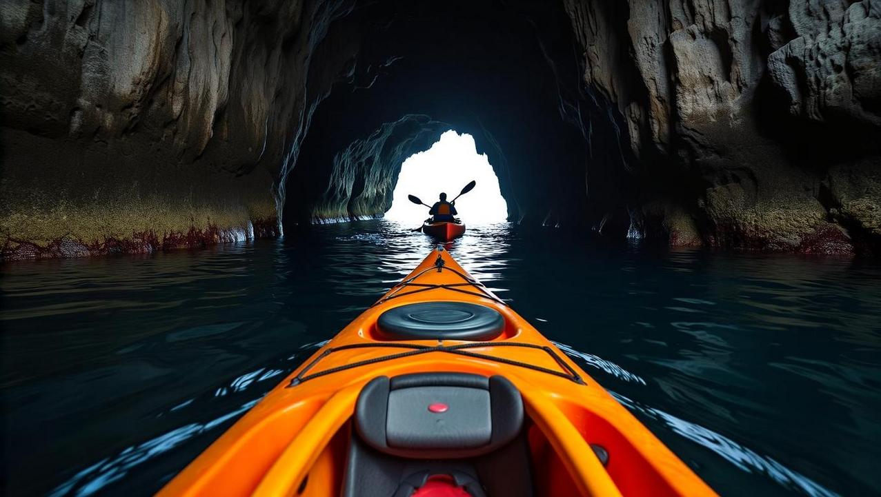 Navigating the Dark Passages of Panak Island A first-person view from a kayak following a guide through a dark, narrow sea cave at Panak Island, heading towards a distant light.