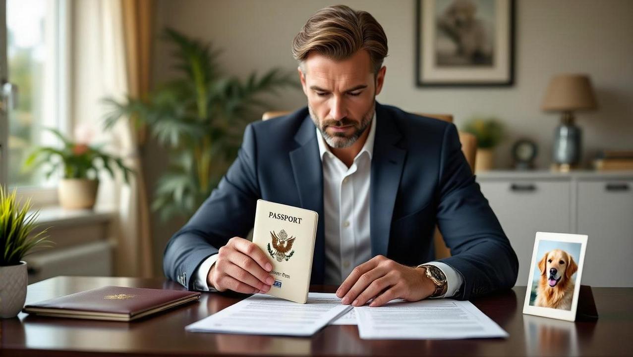 A man in a suit holds a passport at his desk next to a framed picture of a golden retriever, illustrating the process of navigating the Thai pet import permit process.