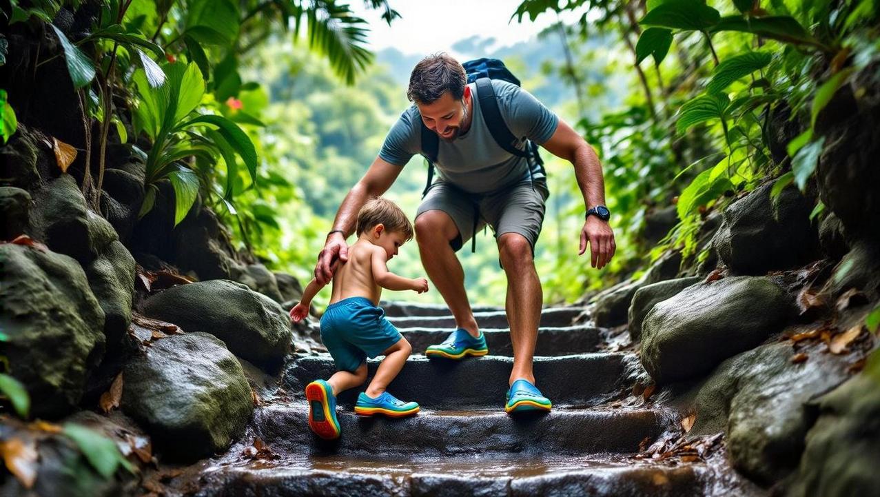 A father and son wearing water shoes carefully climbing the stone steps at Kathu Waterfall, showing safe navigation techniques.