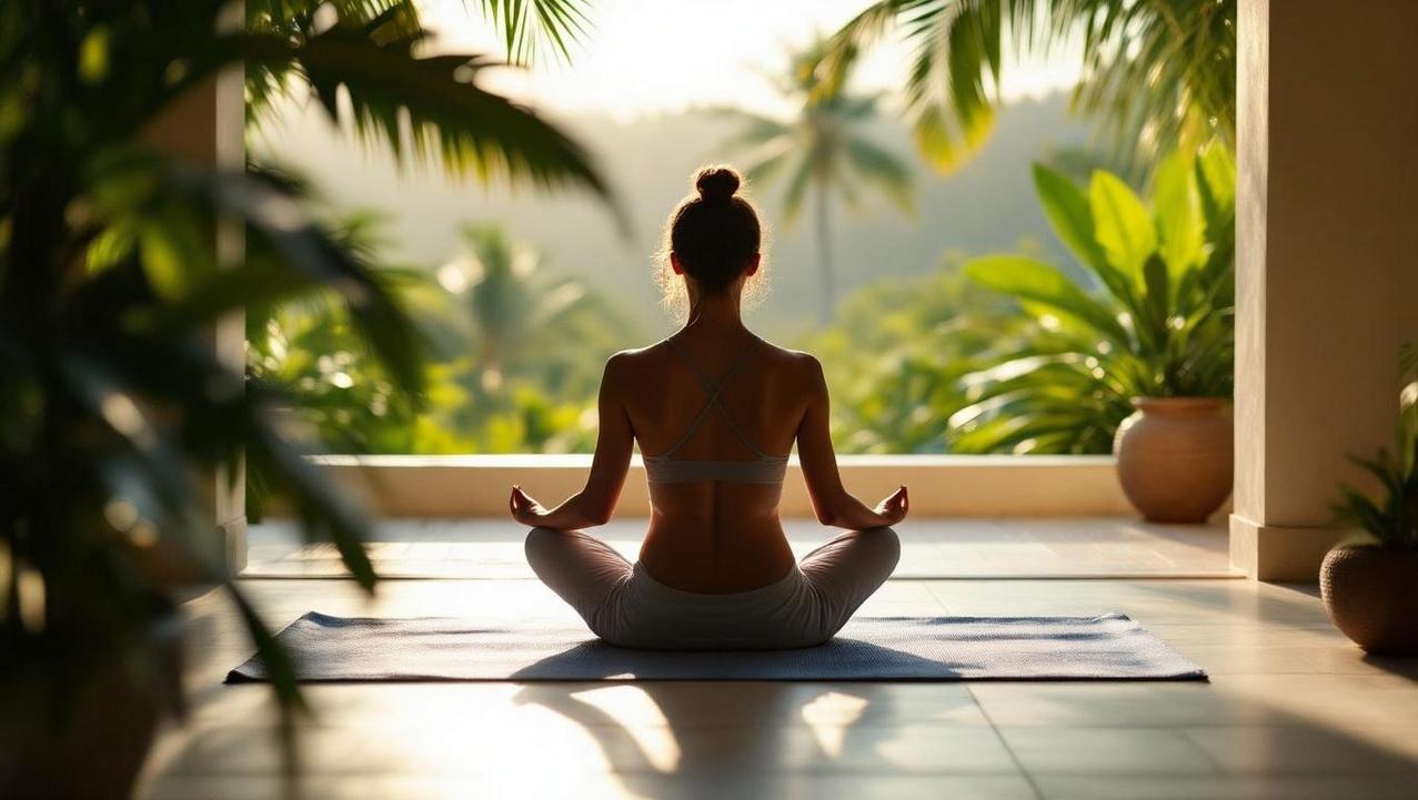 A person meditating on a private villa terrace, illustrating how privacy helps calm the nervous system and lower cortisol.