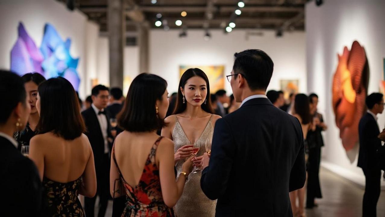 Networking at a Premier Thai Art Biennale Well-dressed guests networking at an exclusive evening event during the Bangkok Art Biennale, surrounded by contemporary art.