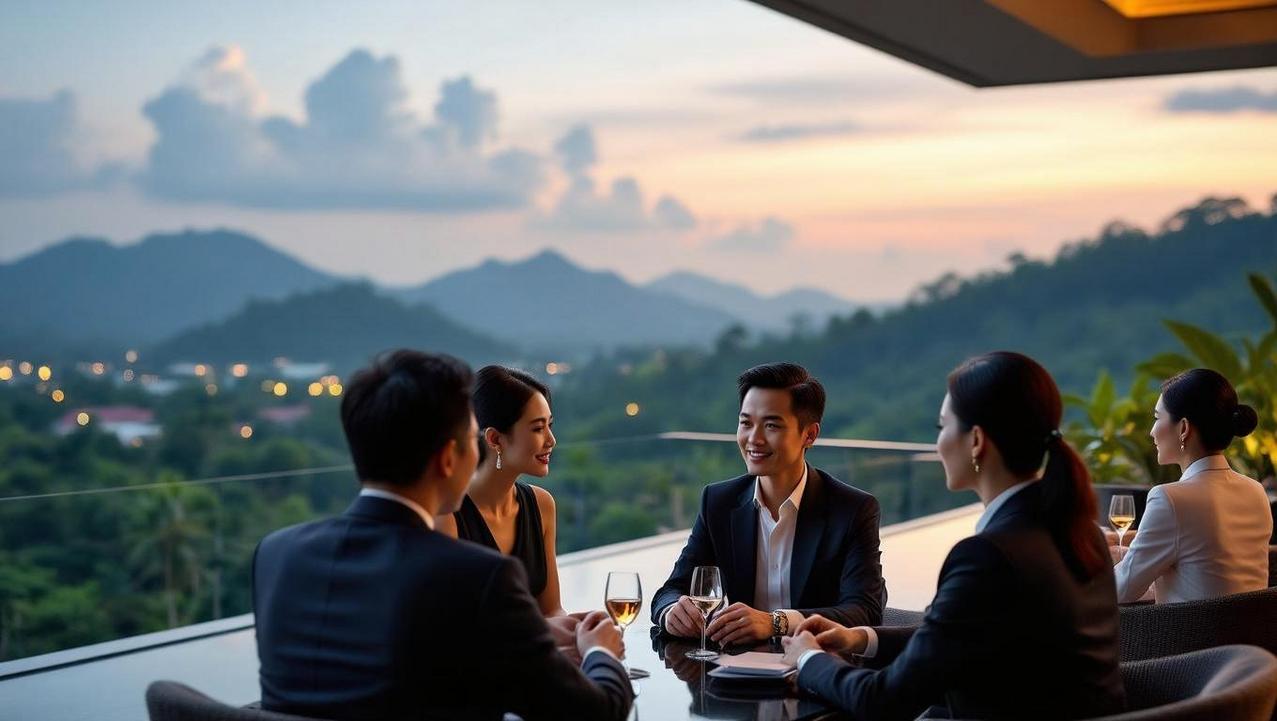 Networking in a Sophisticated Thai Setting A group of professionals networking on a luxury terrace overlooking a beautiful Thai landscape, representing high-society gatherings.