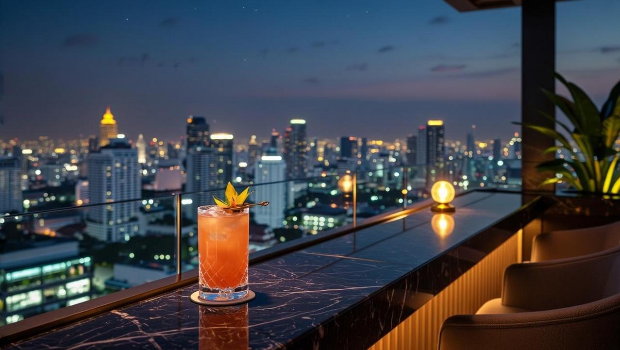 Panoramic City Views from a Luxury Rooftop Bar Enjoy panoramic city views from a luxury rooftop bar, with a vibrant cocktail on a marble surface overlooking the illuminated cityscape at dusk.