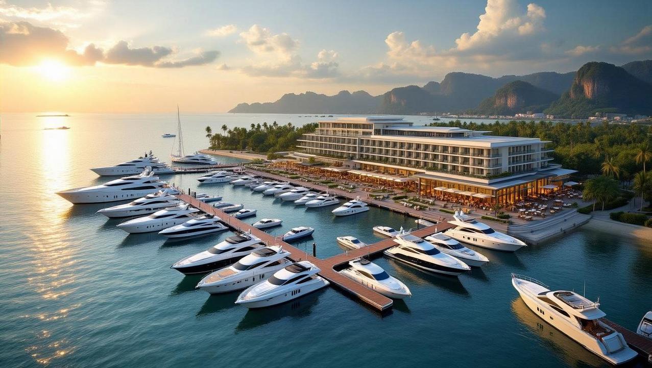 A wide view of a massive marina in Pattaya, showcasing it as the largest, all-in-one mega-resort marina complex in Southeast Asia with integrated hotels and facilities.
