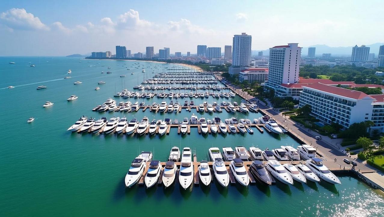 Pattaya's Convenient and Cost-Effective Marina An aerial view of a large, bustling marina in Pattaya, with resort complexes in the background, illustrating its convenience and scale.