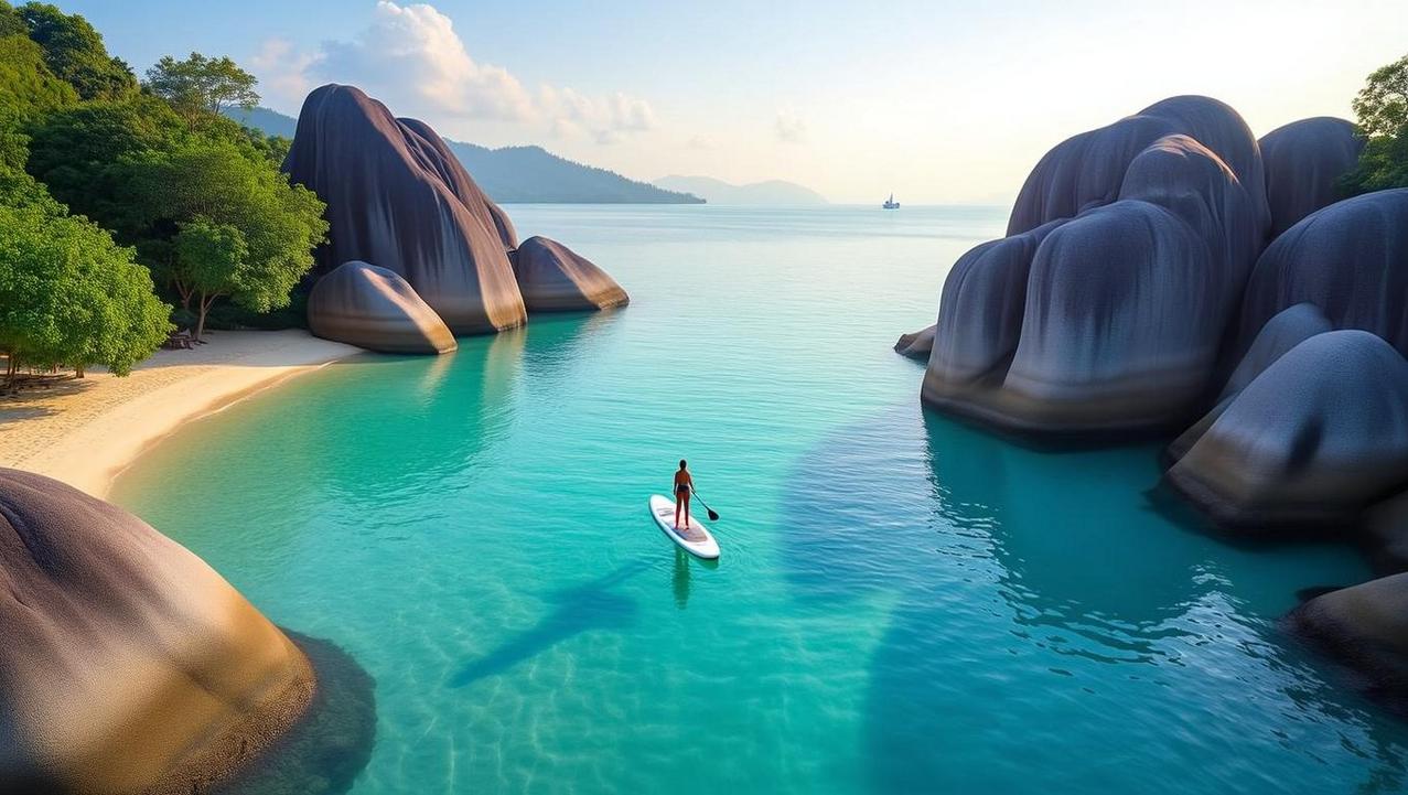Peaceful Stand-Up Paddleboarding in a Secluded Cove A person on a stand-up paddleboard in the tranquil morning waters of Silver Beach, Koh Samui, a calm sanctuary surrounded by large granite boulders.