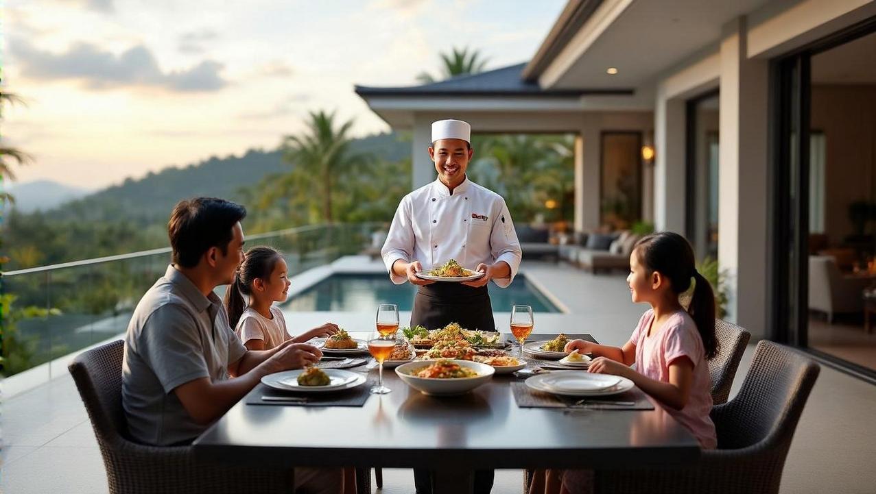 A family enjoys personalized dining in a private villa, with a chef presenting a dish at an outdoor table overlooking a pool and lush landscape.
