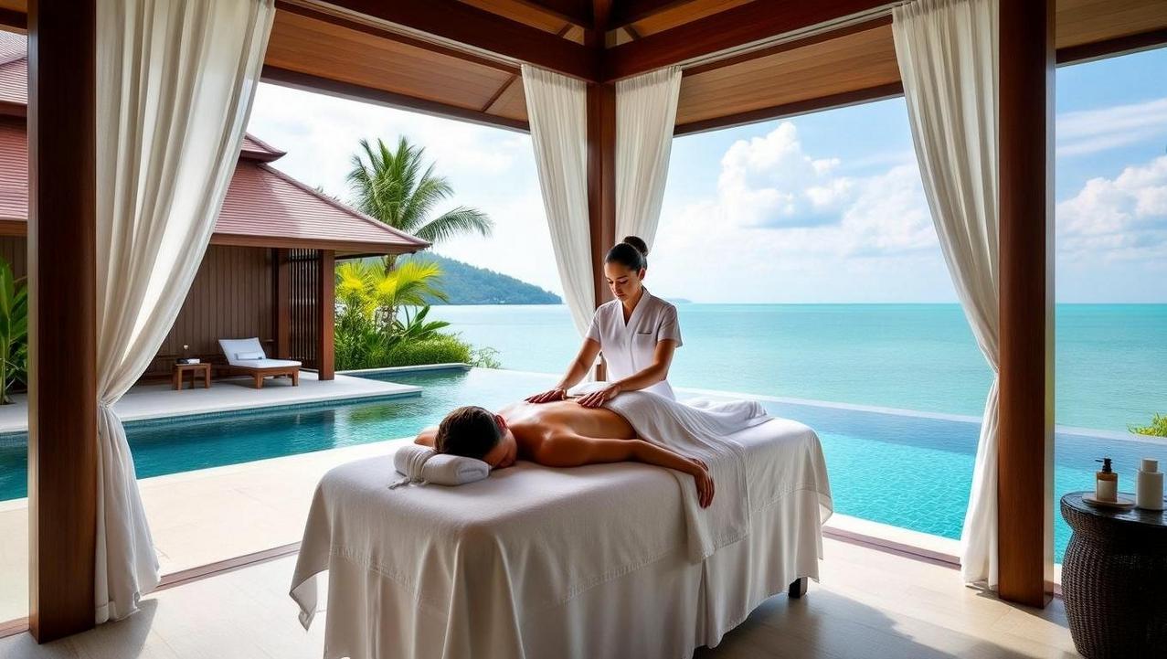 Personalized Wellness Program in a Private Villa A man receives a personalized wellness program in a private villa, featuring a relaxing massage next to an infinity pool overlooking the serene turquoise ocean.