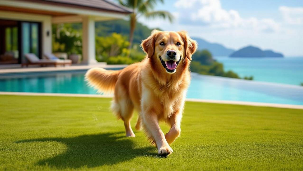 A happy Golden Retriever runs across a lush green lawn, overlooking a luxurious pet-paradise-Phuket-villa with an infinity pool and sparkling ocean in the background.