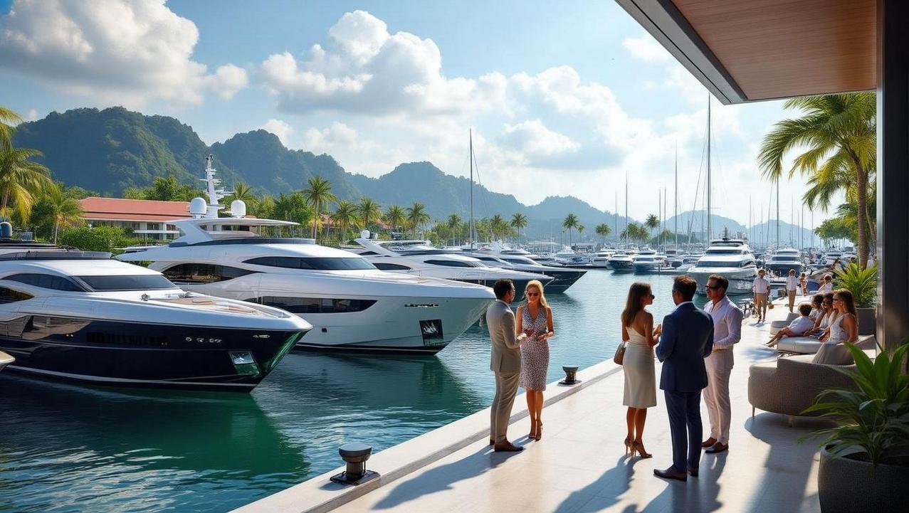 Phuket's Premium International Yachting Hub A vibrant, modern marina in Phuket filled with luxury yachts and people socializing, representing its status as a premium international yachting hub.