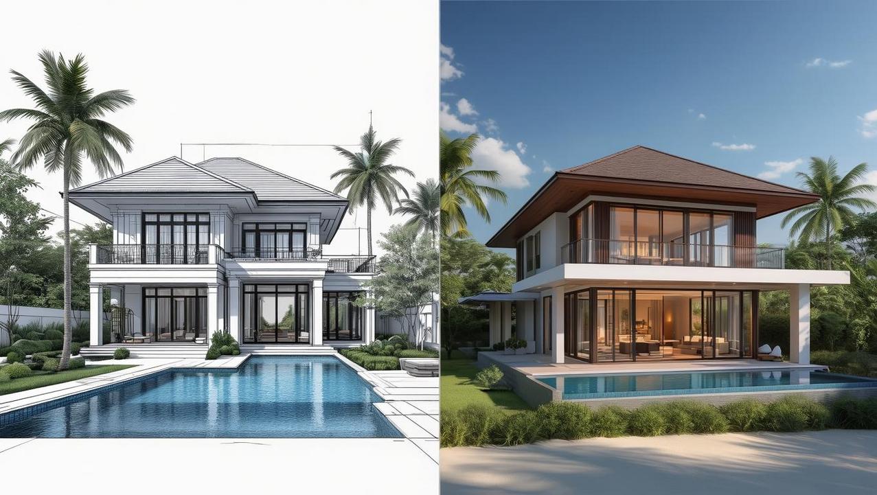 A conceptual image comparing a stable, established Phuket villa investment against a high-growth potential Koh Samui villa, shown in a technical, architectural style.