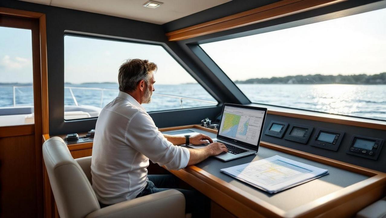 Planning a Liveaboard Life in Thailand A yacht owner planning their budget and navigating regulations at a chart table inside their boat, with the marina visible through the window.