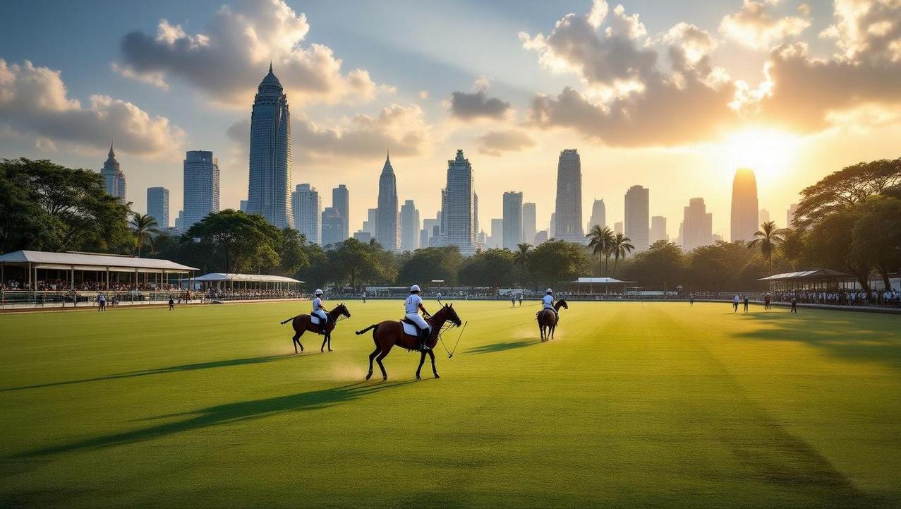 Polo Against the Iconic Bangkok Skyline A stunning view of a polo match at the Royal Bangkok Sports Club with the modern Bangkok city skyline in the background, showcasing urban polo luxury.