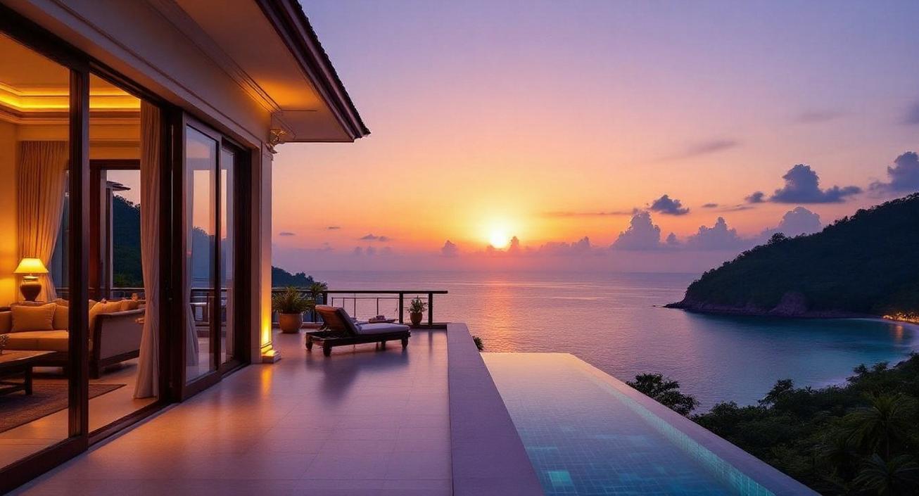 Pre-Dawn Departure for a Similan Islands Escape A luxurious villa with a stunning infinity pool overlooking the ocean at sunrise, reminiscent of a peaceful pre-dawn departure for a Similan Islands escape.