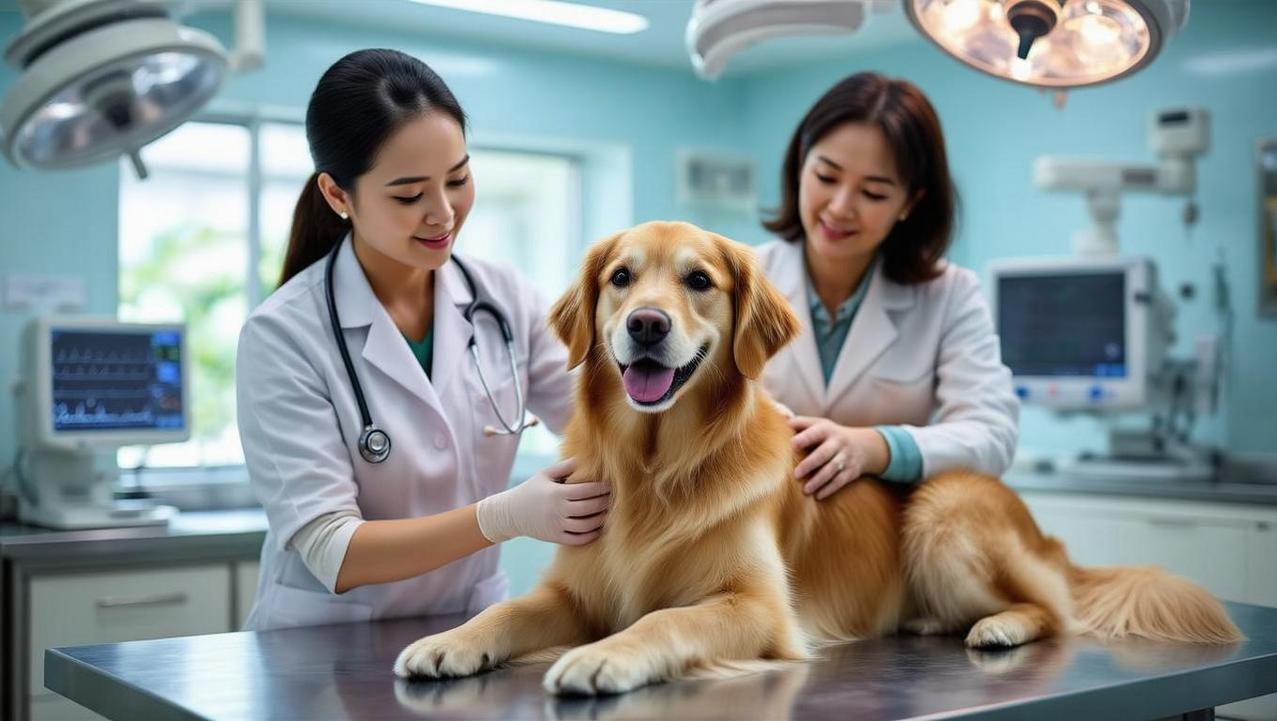 A modern Thai veterinary clinic where an English-speaking vet provides high-quality care to a Golden Retriever, reassuring its expat owner.