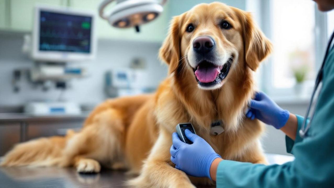 A veterinarian scanning a Golden Retriever for its microchip, representing the pre-move preparation phase for relocating a pet to Thailand.