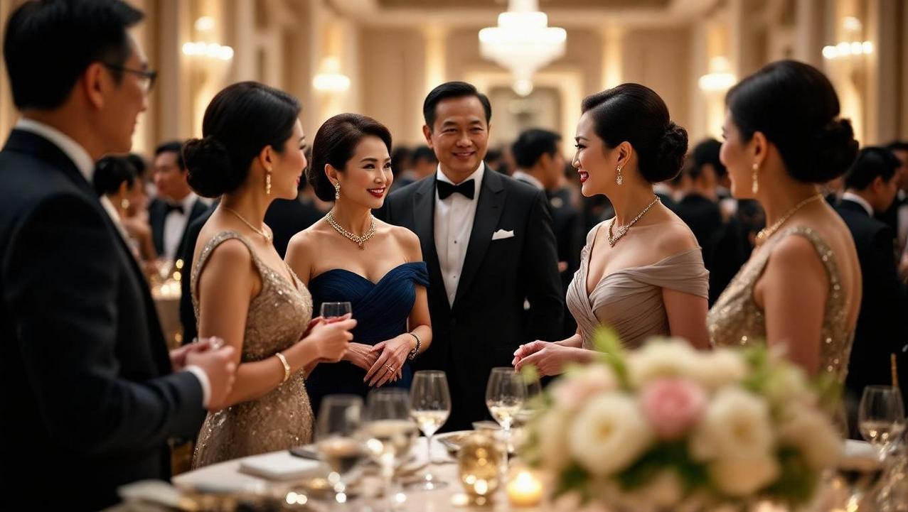 The Prestige and Power of the Thai Polo Gold Cup A group of elegantly dressed attendees, including women in gowns and a man in a tuxedo, socializing at a luxurious event, reminiscent of the prestige and power of a Thai Polo Gold Cup gathering.