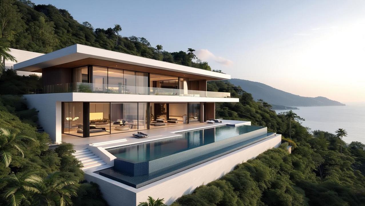 An ultra-realistic photograph of a magnificent, modern multi-level luxury villa representing a prime real estate investment in Thailand.