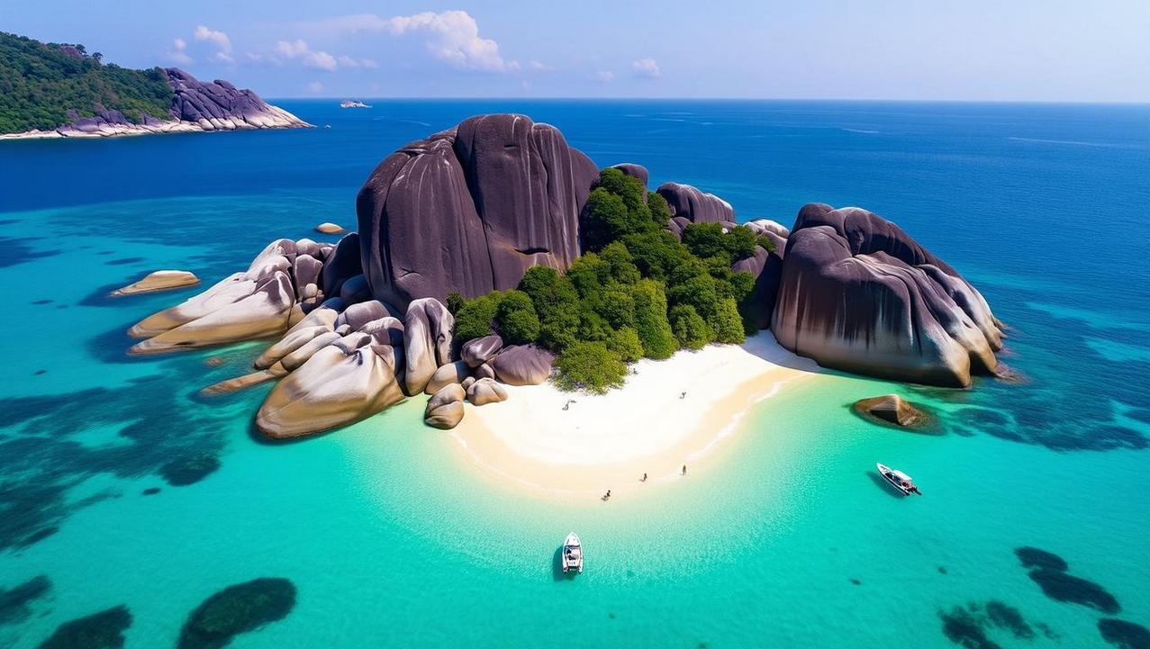 Pristine Nature of the Similan Islands National Park An aerial view showcases the pristine nature of the Similan Islands National Park, featuring a small white sand beach surrounded by dramatic rock formations and turquoise waters with boats anchored nearby.