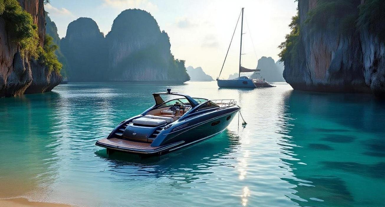 The Private Charter Difference in Phang Nga Bay A luxurious private charter boat floats on the crystal-clear turquoise waters of Phang Nga Bay, offering a serene escape amidst towering limestone karsts.