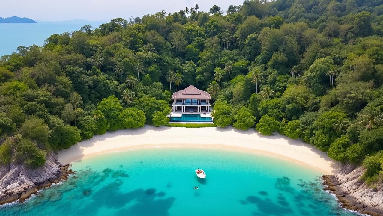 Private Cove Seclusion on Koh Samui An aerial view of a private cove seclusion on Koh Samui, featuring a luxurious beachfront villa nestled among lush greenery, a pristine white sand beach, and crystal-clear turquoise waters with a small boat.