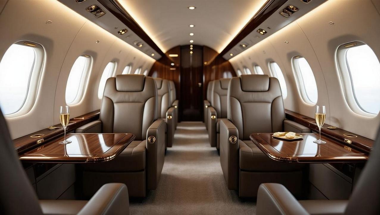 The Private Jet Experience on an Empty Leg Flight The luxurious interior of a private jet, featuring plush leather seats and a glass of champagne on a rich wooden table, perfect for an indulgent empty leg flight experience.